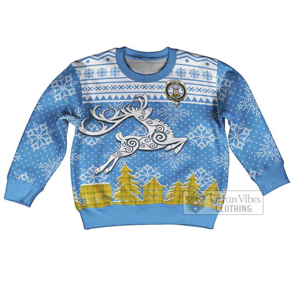 Tartan Vibes Clothing Houston Clan Christmas Kid Ugly Sweater with Tartan and Celtic Raindeer Style