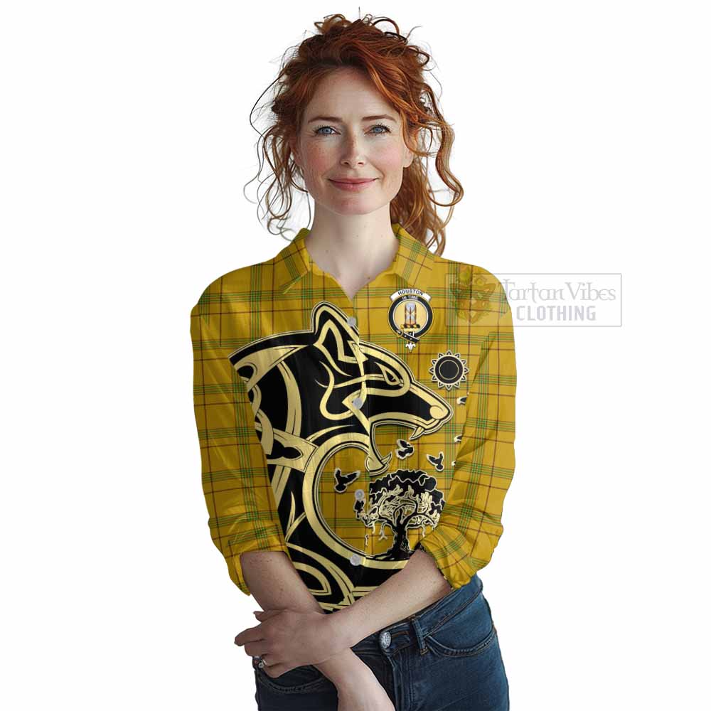 Tartan Vibes Clothing Houston Tartan Women's Casual Shirt with Family Crest Celtic Wolf Style