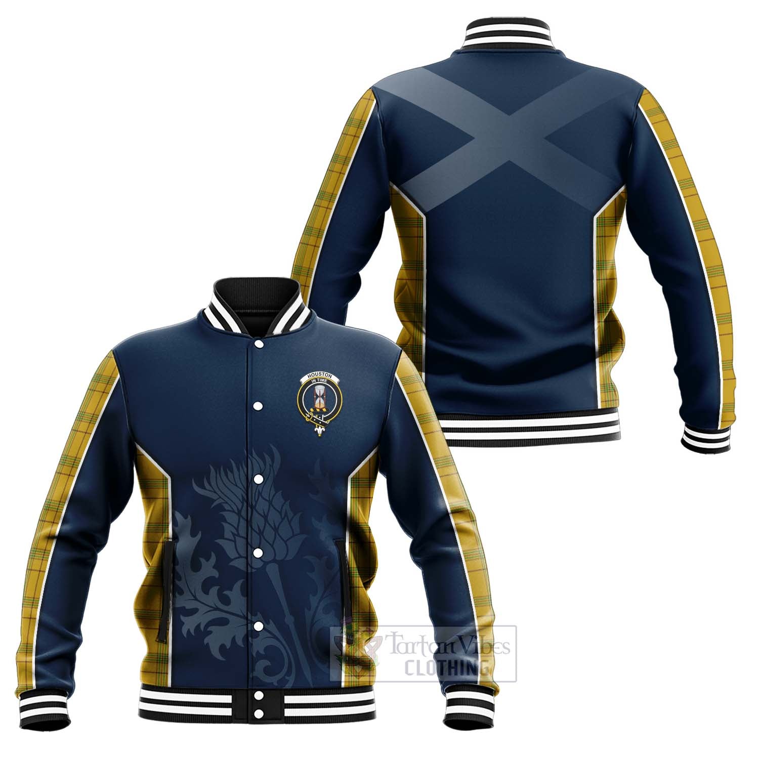 Tartan Vibes Clothing Houston Tartan Baseball Jacket with Family Crest and Scottish Thistle Vibes Sport Style