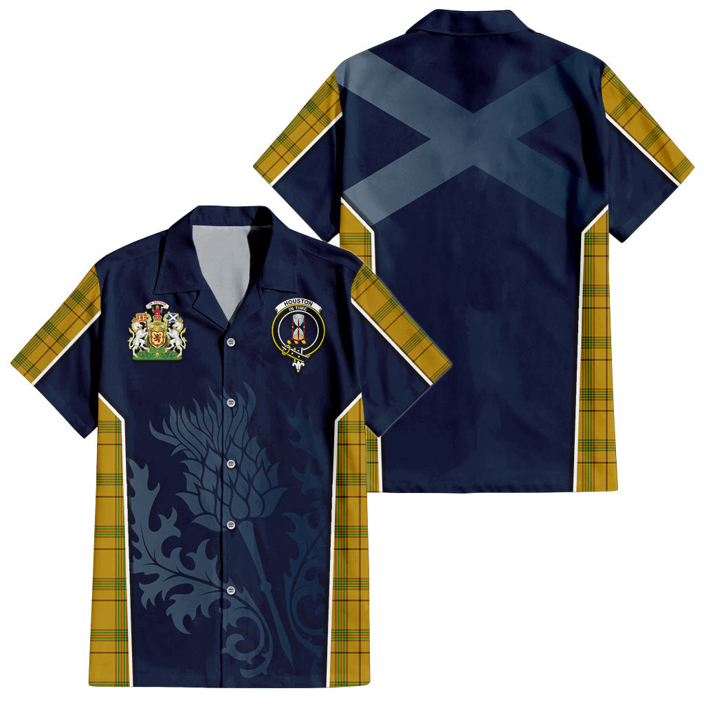 Tartan Vibes Clothing Houston Tartan Short Sleeve Button Up Shirt with Family Crest and Scottish Thistle Vibes Sport Style