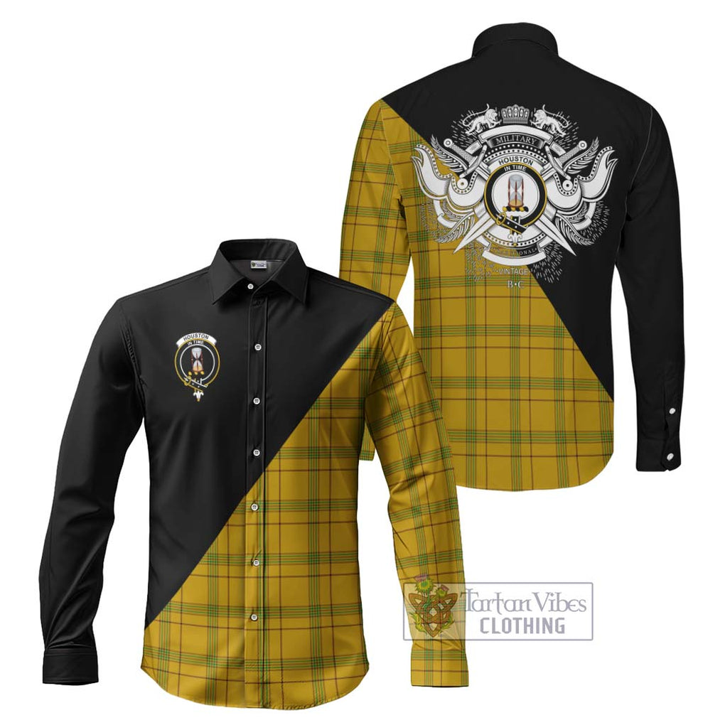 Houston Tartan Long Sleeve Button Shirt with Family Crest and Military Logo Style Men's Shirt S - Tartanvibesclothing Shop