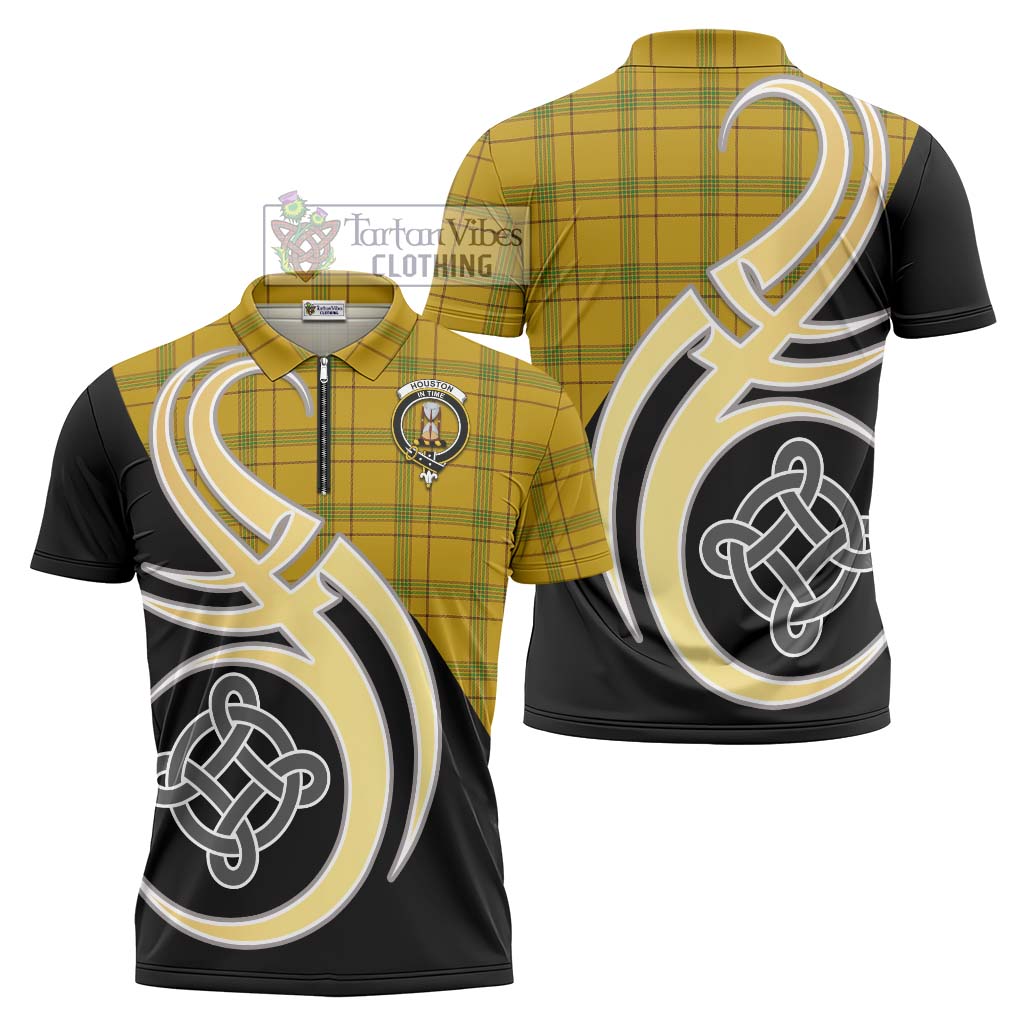 Tartan Vibes Clothing Houston Tartan Zipper Polo Shirt with Family Crest and Celtic Symbol Style