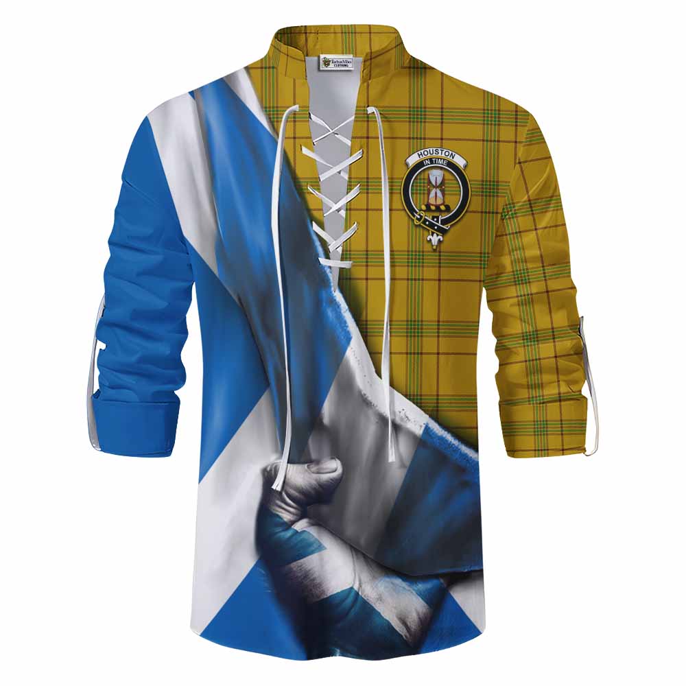 Tartan Vibes Clothing Houston Tartan Ghillie Kilt Shirt with Family Crest Scotland Patriotic Style