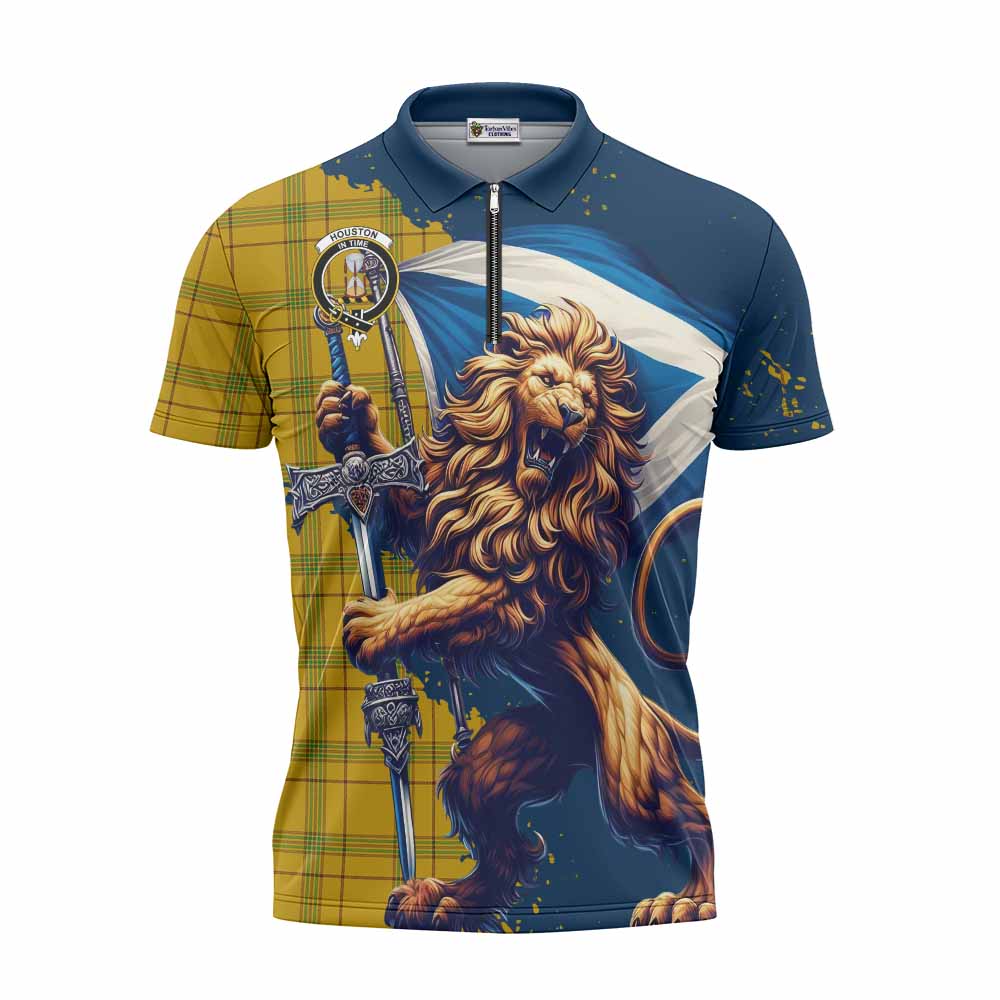 Tartan Vibes Clothing Houston Tartan Family Crest Zipper Polo Shirt with Scottish Majestic Lion