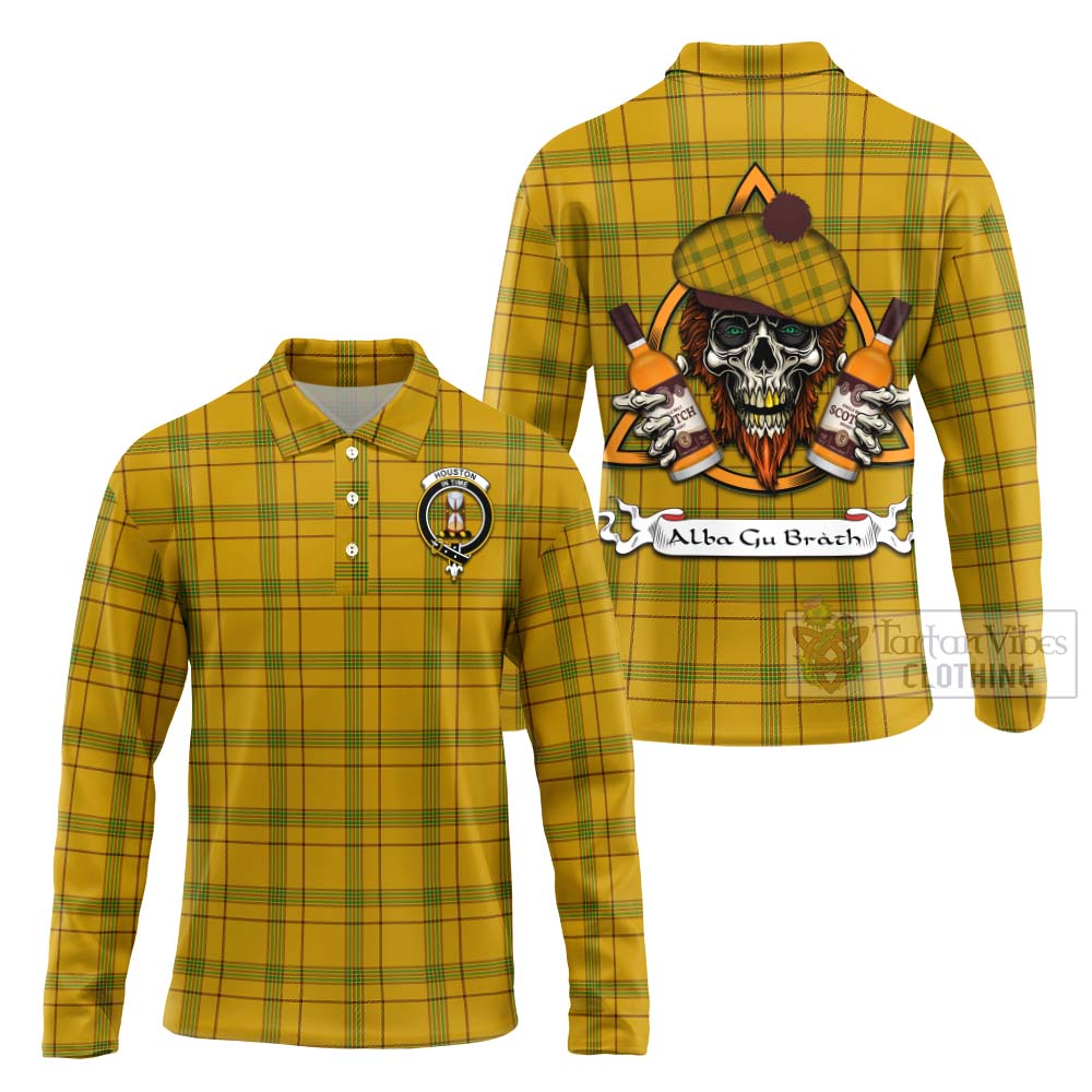 Tartan Vibes Clothing Houston Tartan Long Sleeve Polo Shirt with Family Crest and Bearded Skull Holding Bottles of Whiskey