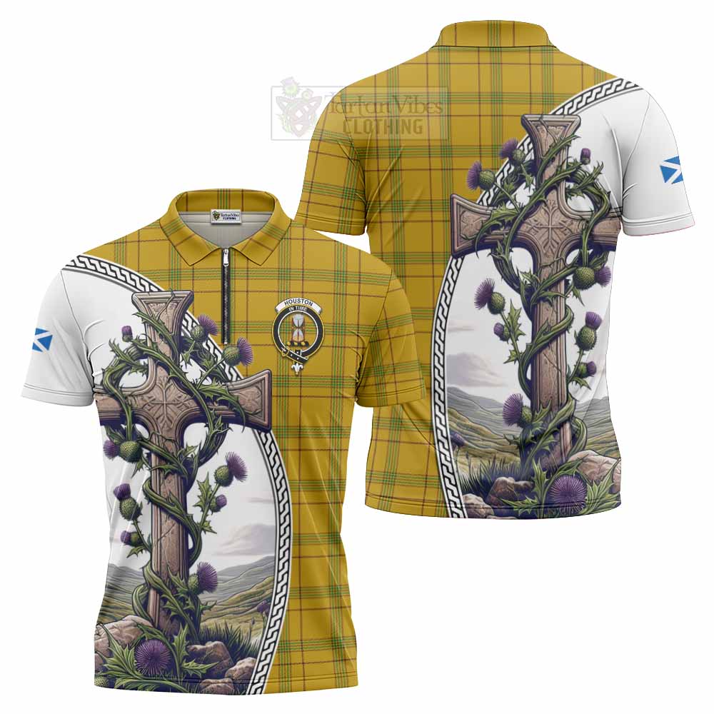 Tartan Vibes Clothing Houston Tartan Zipper Polo Shirt with Family Crest and St. Andrew's Cross Accented by Thistle Vines