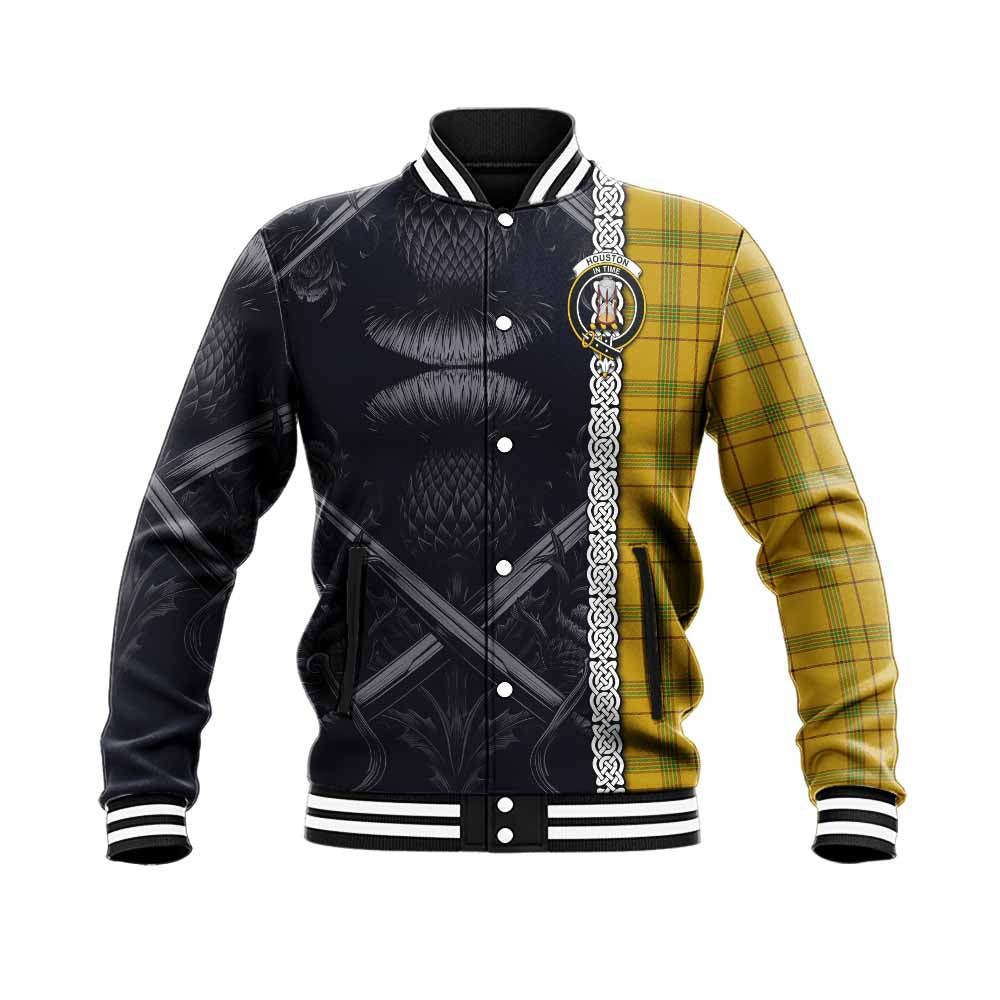 Tartan Vibes Clothing Houston Tartan Baseball Jacket with Family Crest Cross Sword Thistle Celtic Vibes