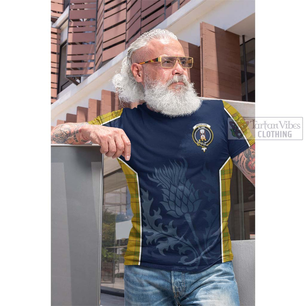 Tartan Vibes Clothing Houston Tartan Cotton T-shirt with Family Crest and Scottish Thistle Vibes Sport Style