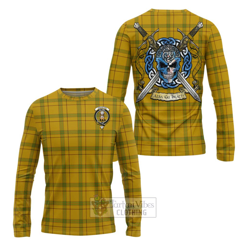 Tartan Vibes Clothing Houston Tartan Long Sleeve T-Shirt with Family Crest Celtic Skull Style