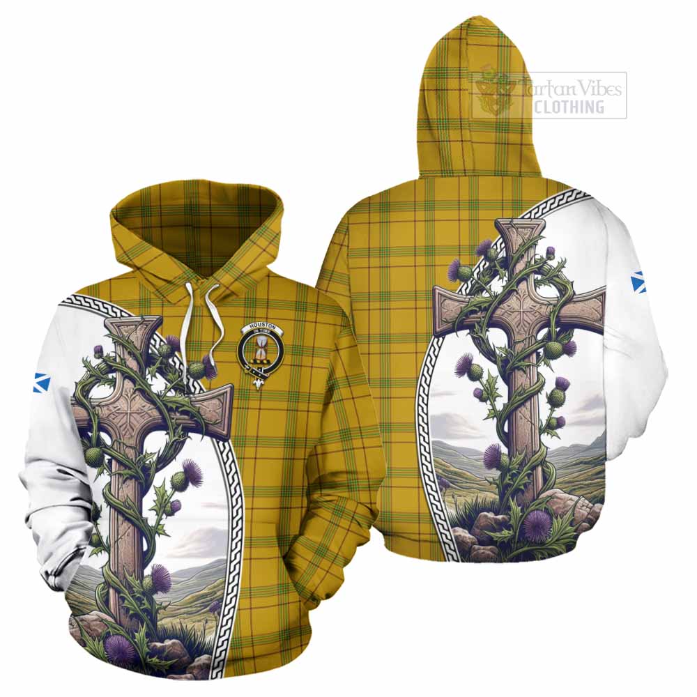 Tartan Vibes Clothing Houston Tartan Hoodie with Family Crest and St. Andrew's Cross Accented by Thistle Vines