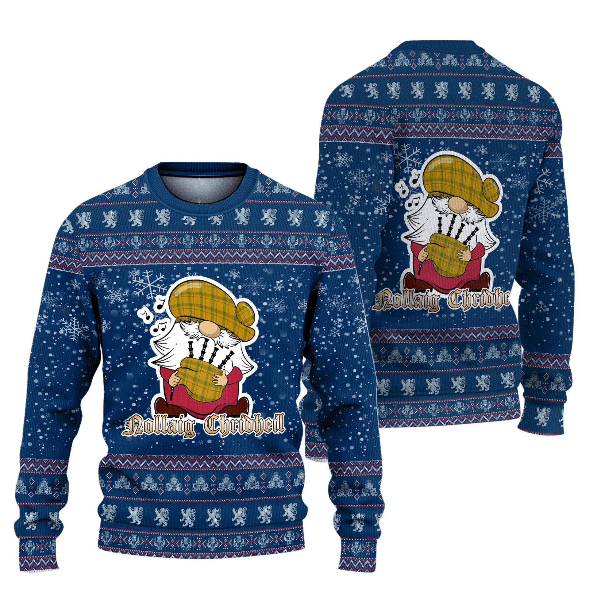 Houston Clan Christmas Family Knitted Sweater with Funny Gnome Playing Bagpipes Unisex Blue - Tartanvibesclothing