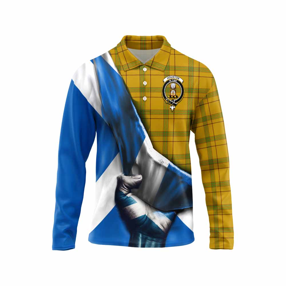 Tartan Vibes Clothing Houston Tartan Long Sleeve Polo Shirt with Family Crest Scotland Patriotic Style