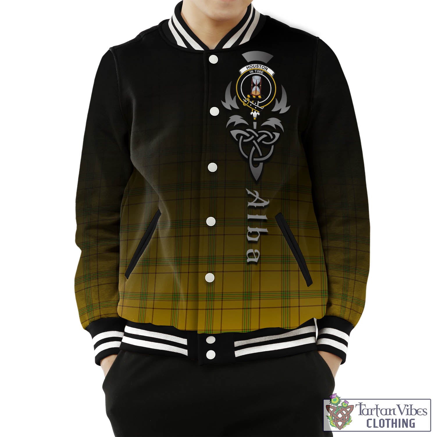 Tartan Vibes Clothing Houston Tartan Baseball Jacket Featuring Alba Gu Brath Family Crest Celtic Inspired