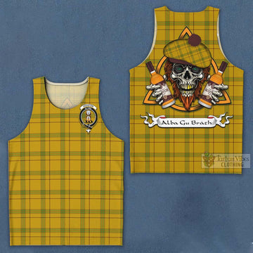 Houston Tartan Men's Tank Top with Family Crest and Bearded Skull Holding Bottles of Whiskey