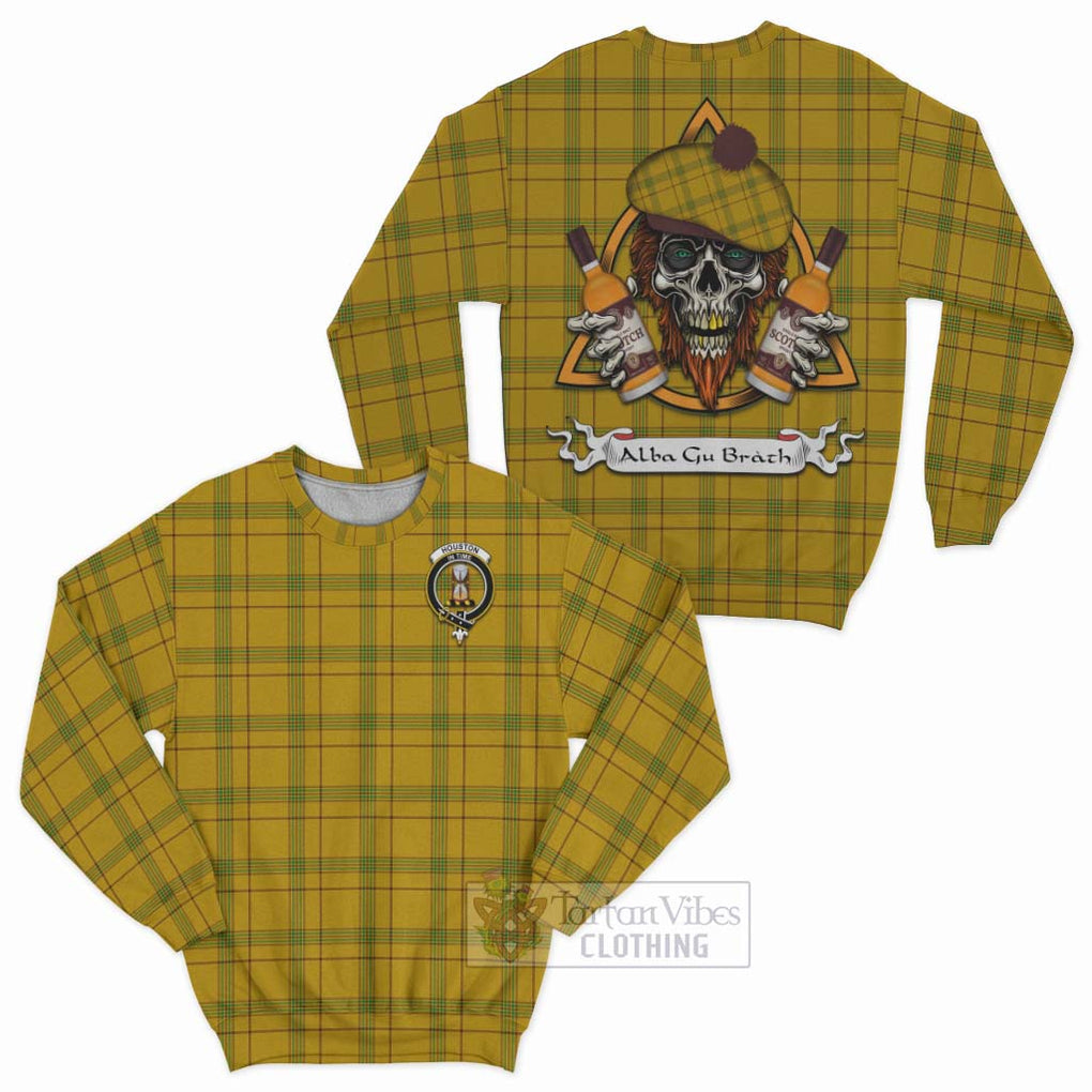 Tartan Vibes Clothing Houston Tartan Sweatshirt with Family Crest and Bearded Skull Holding Bottles of Whiskey