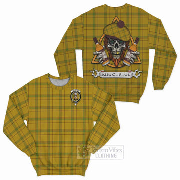 Houston Tartan Sweatshirt with Family Crest and Bearded Skull Holding Bottles of Whiskey