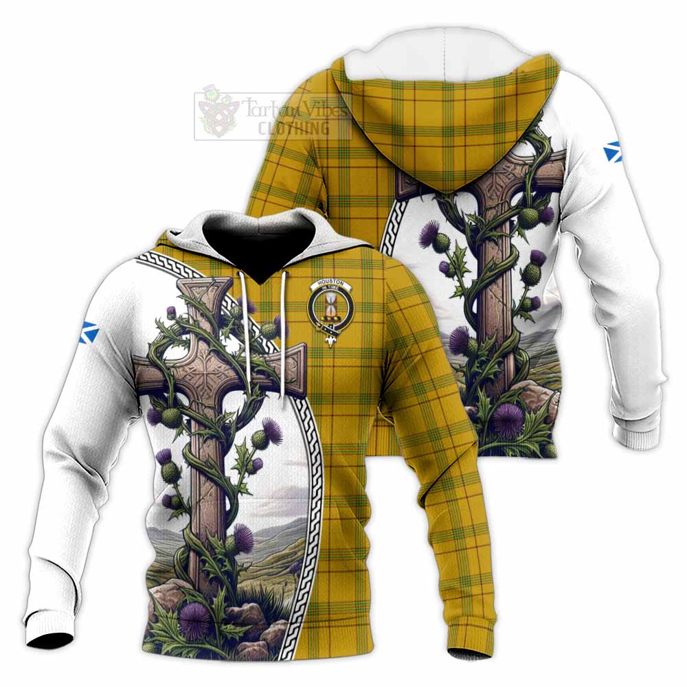 Tartan Vibes Clothing Houston Tartan Knitted Hoodie with Family Crest and St. Andrew's Cross Accented by Thistle Vines