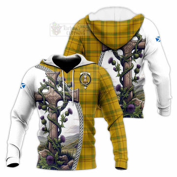 Houston Tartan Knitted Hoodie with Family Crest and St. Andrew's Cross Accented by Thistle Vines