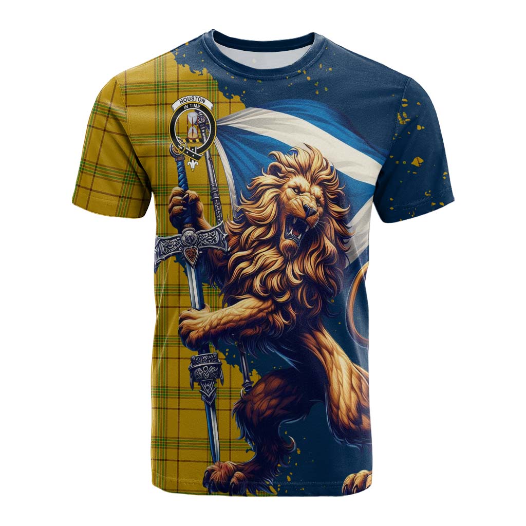 Tartan Vibes Clothing Houston Tartan Family Crest Cotton T-shirt with Scottish Majestic Lion