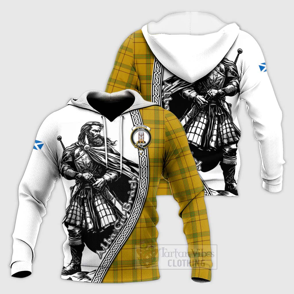 Tartan Vibes Clothing Houston Tartan Clan Crest Knitted Hoodie with Highlander Warrior Celtic Style