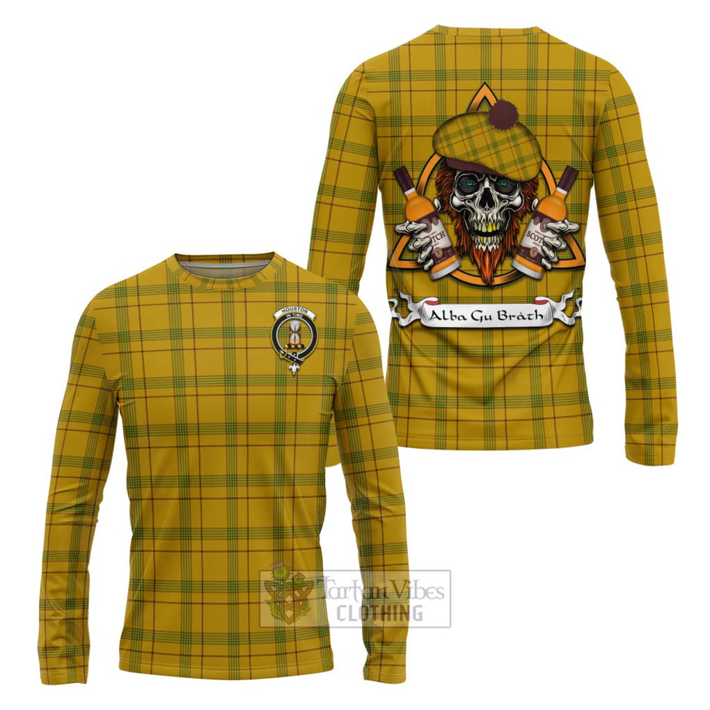 Tartan Vibes Clothing Houston Tartan Long Sleeve T-Shirt with Family Crest and Bearded Skull Holding Bottles of Whiskey