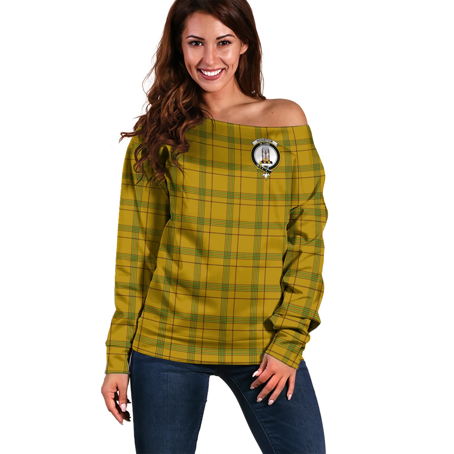 Houston Tartan Off Shoulder Women Sweater with Family Crest Women - Tartanvibesclothing