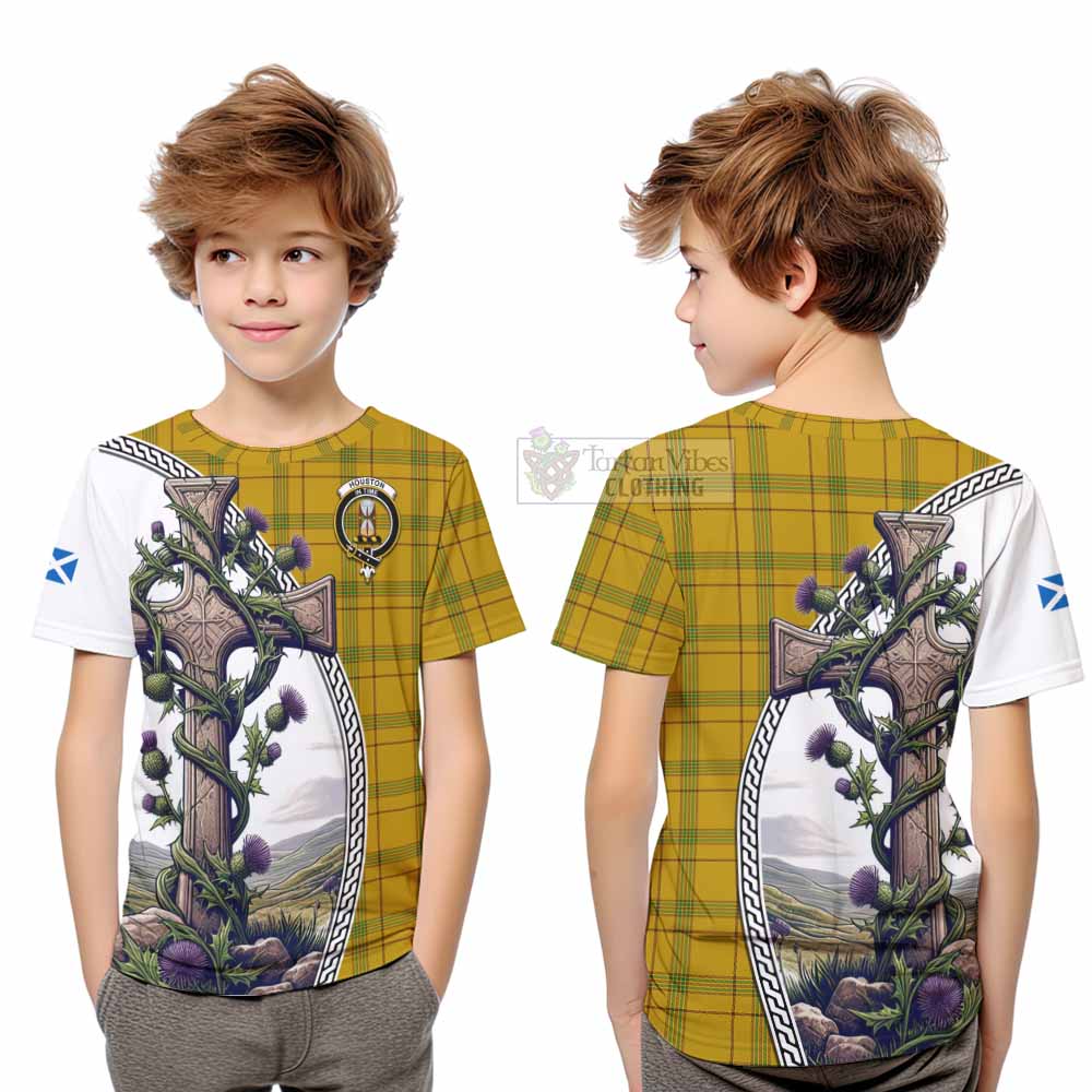 Tartan Vibes Clothing Houston Tartan Kid T-Shirt with Family Crest and St. Andrew's Cross Accented by Thistle Vines