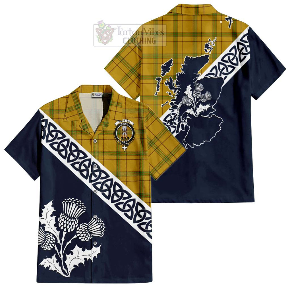 Tartan Vibes Clothing Houston Tartan Short Sleeve Button Shirt Featuring Thistle and Scotland Map