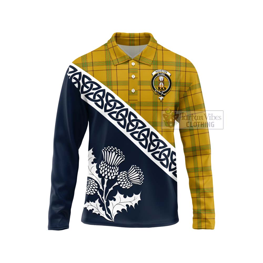 Tartan Vibes Clothing Houston Tartan Long Sleeve Polo Shirt Featuring Thistle and Scotland Map