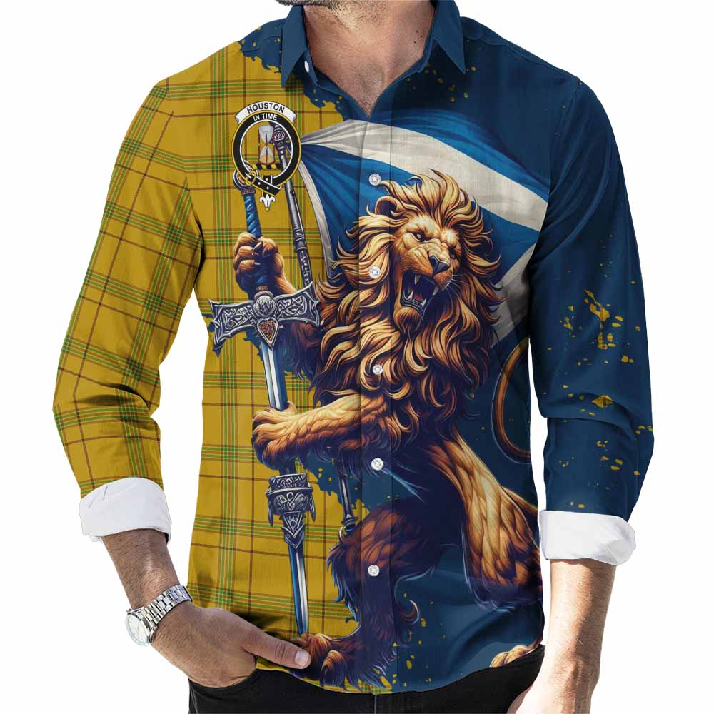 Tartan Vibes Clothing Houston Tartan Family Crest Long Sleeve Button Shirt with Scottish Majestic Lion