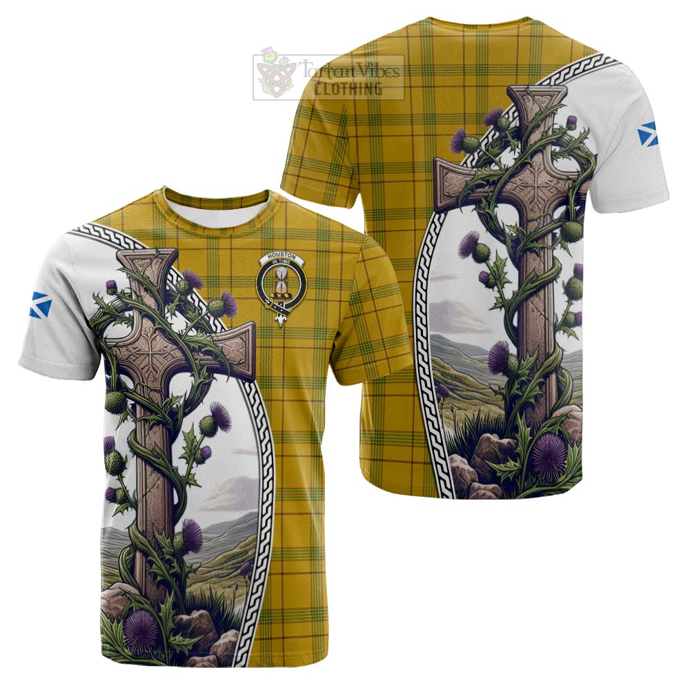 Tartan Vibes Clothing Houston Tartan Cotton T-shirt with Family Crest and St. Andrew's Cross Accented by Thistle Vines