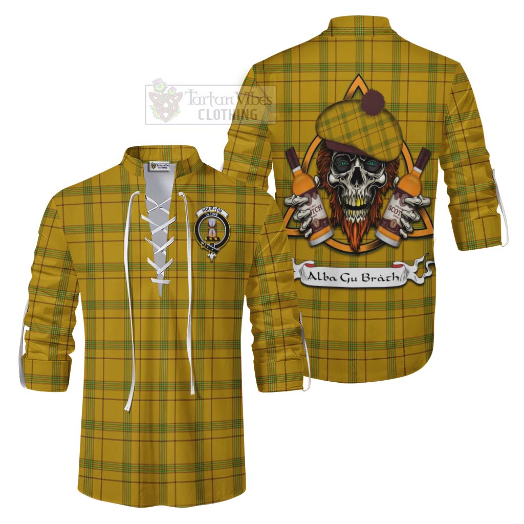 Tartan Vibes Clothing Houston Tartan Ghillie Kilt Shirt with Family Crest and Bearded Skull Holding Bottles of Whiskey