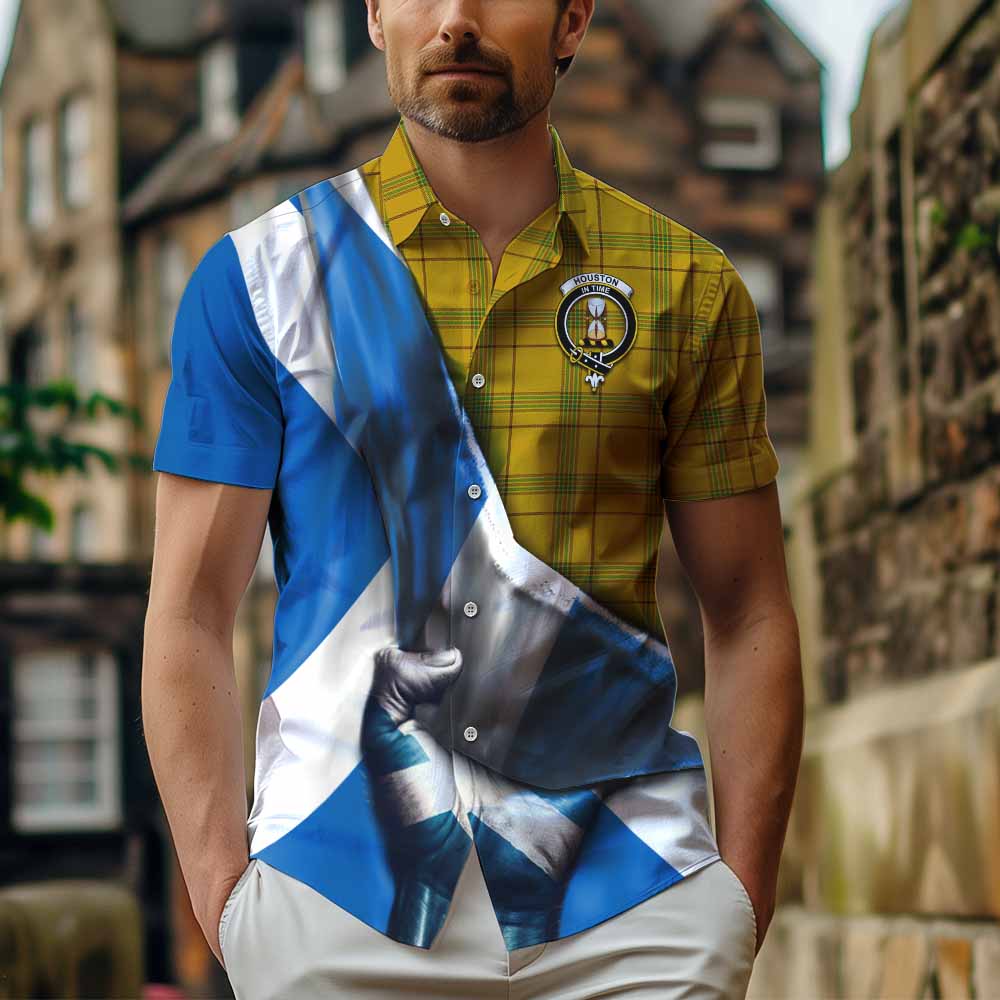 Tartan Vibes Clothing Houston Tartan Short Sleeve Button Shirt with Family Crest Scotland Patriotic Style