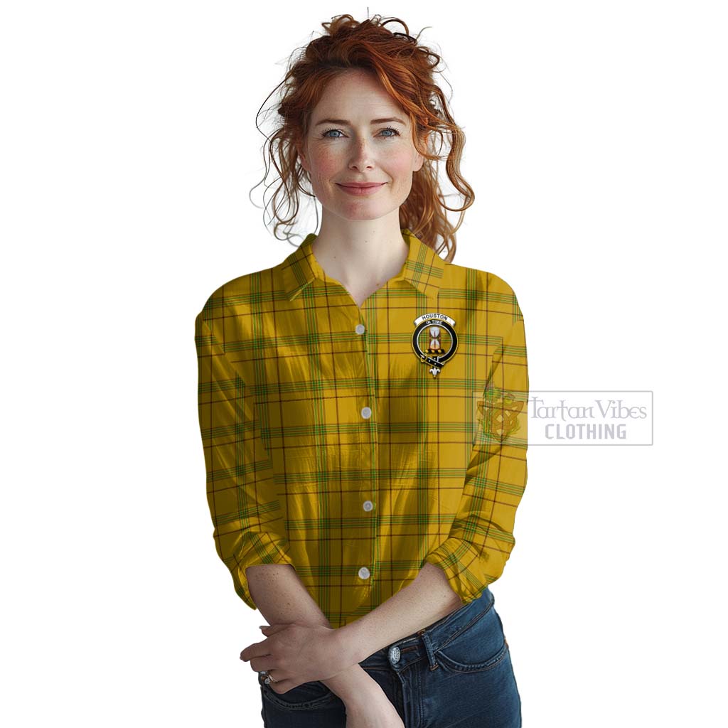 Tartan Vibes Clothing Houston Tartan Women's Casual Shirt with Family Crest and Bearded Skull Holding Bottles of Whiskey