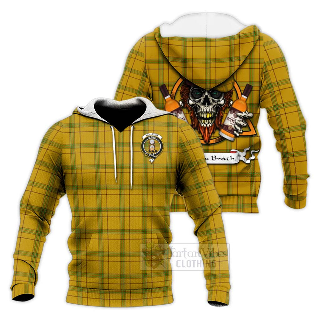 Tartan Vibes Clothing Houston Tartan Knitted Hoodie with Family Crest and Bearded Skull Holding Bottles of Whiskey