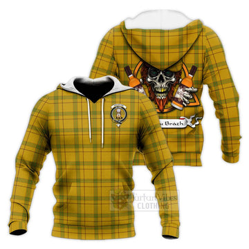 Houston Tartan Knitted Hoodie with Family Crest and Bearded Skull Holding Bottles of Whiskey