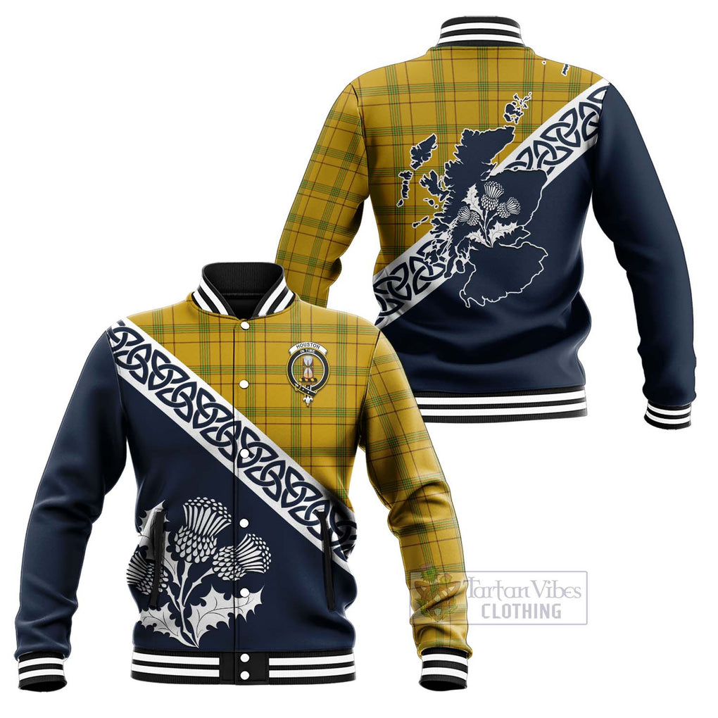 Tartan Vibes Clothing Houston Tartan Baseball Jacket Featuring Thistle and Scotland Map