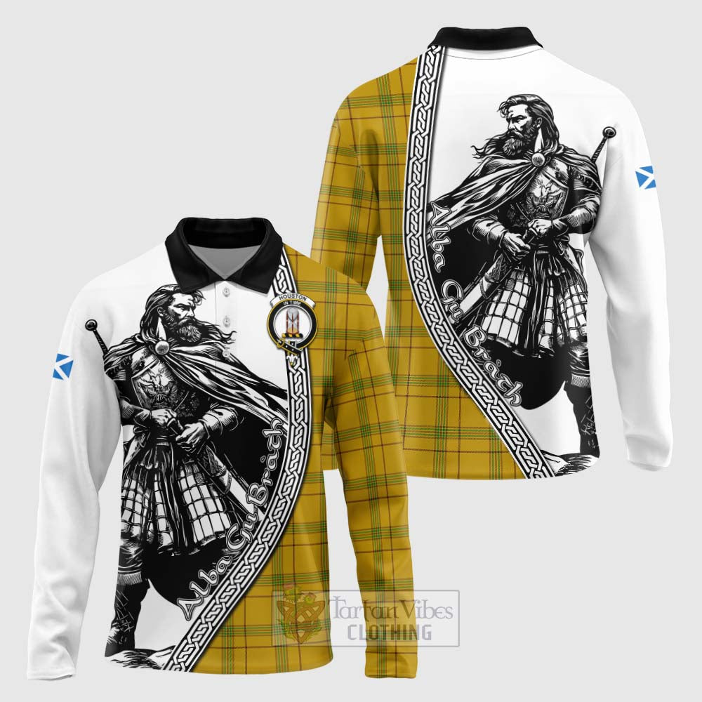 Tartan Vibes Clothing Houston Tartan Clan Crest Long Sleeve Polo Shirt with Highlander Warrior Celtic Style