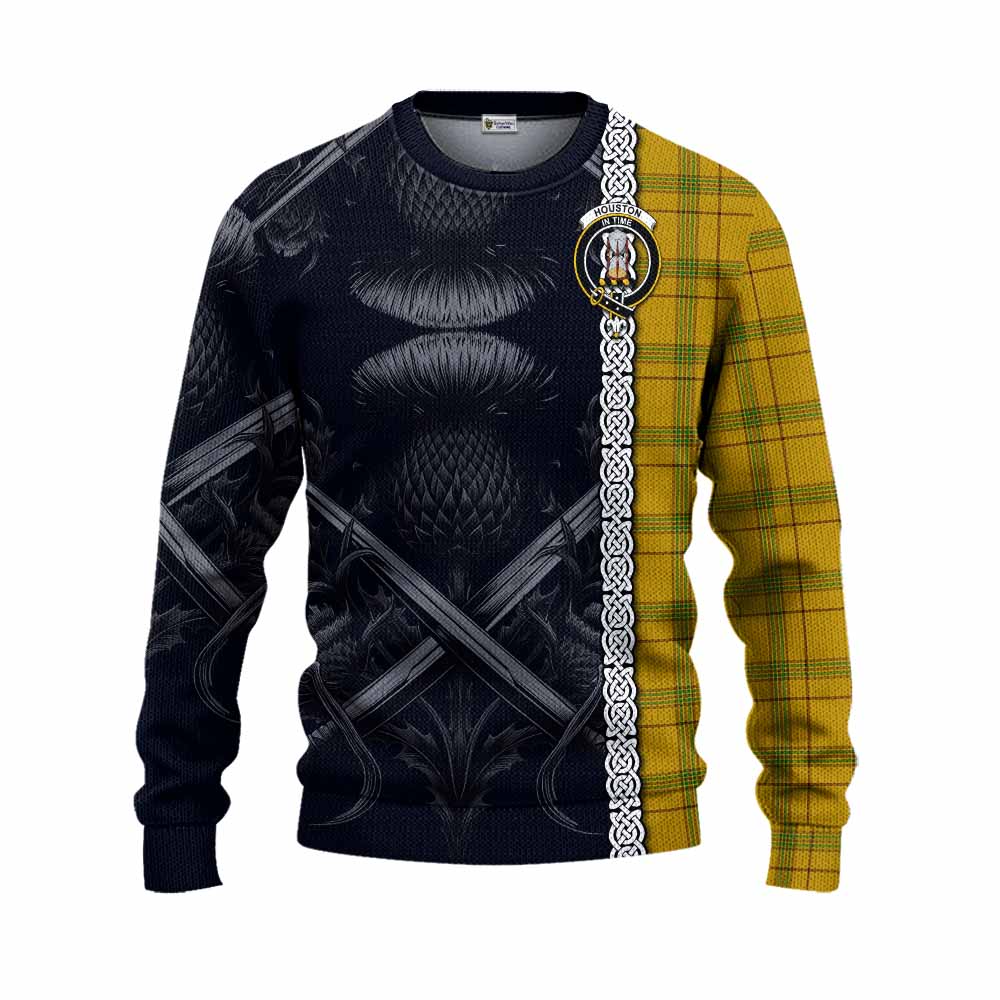 Tartan Vibes Clothing Houston Tartan Knitted Sweater with Family Crest Cross Sword Thistle Celtic Vibes