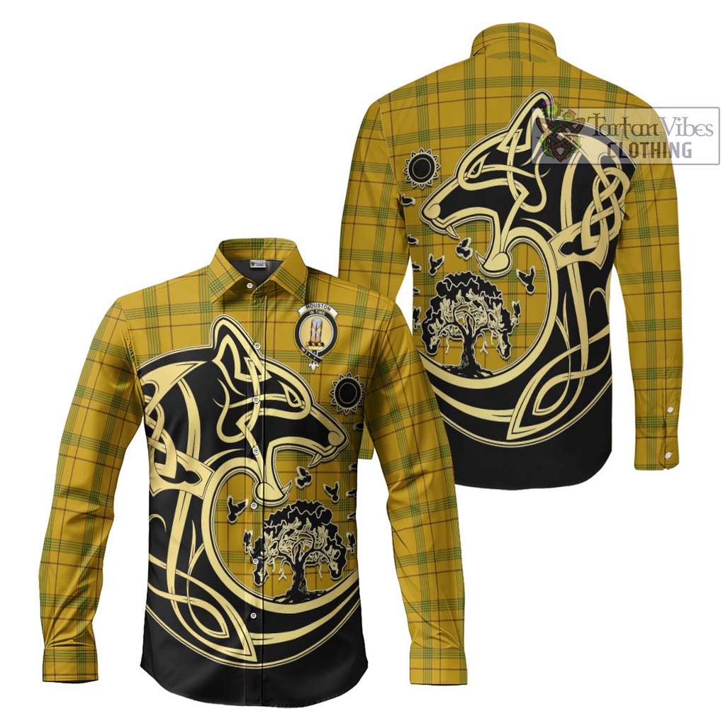 Houston Tartan Long Sleeve Button Shirt with Family Crest Celtic Wolf Style Men's Shirt S - Tartan Vibes Clothing