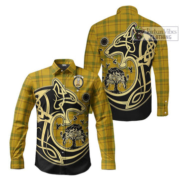 Houston Tartan Long Sleeve Button Shirt with Family Crest Celtic Wolf Style