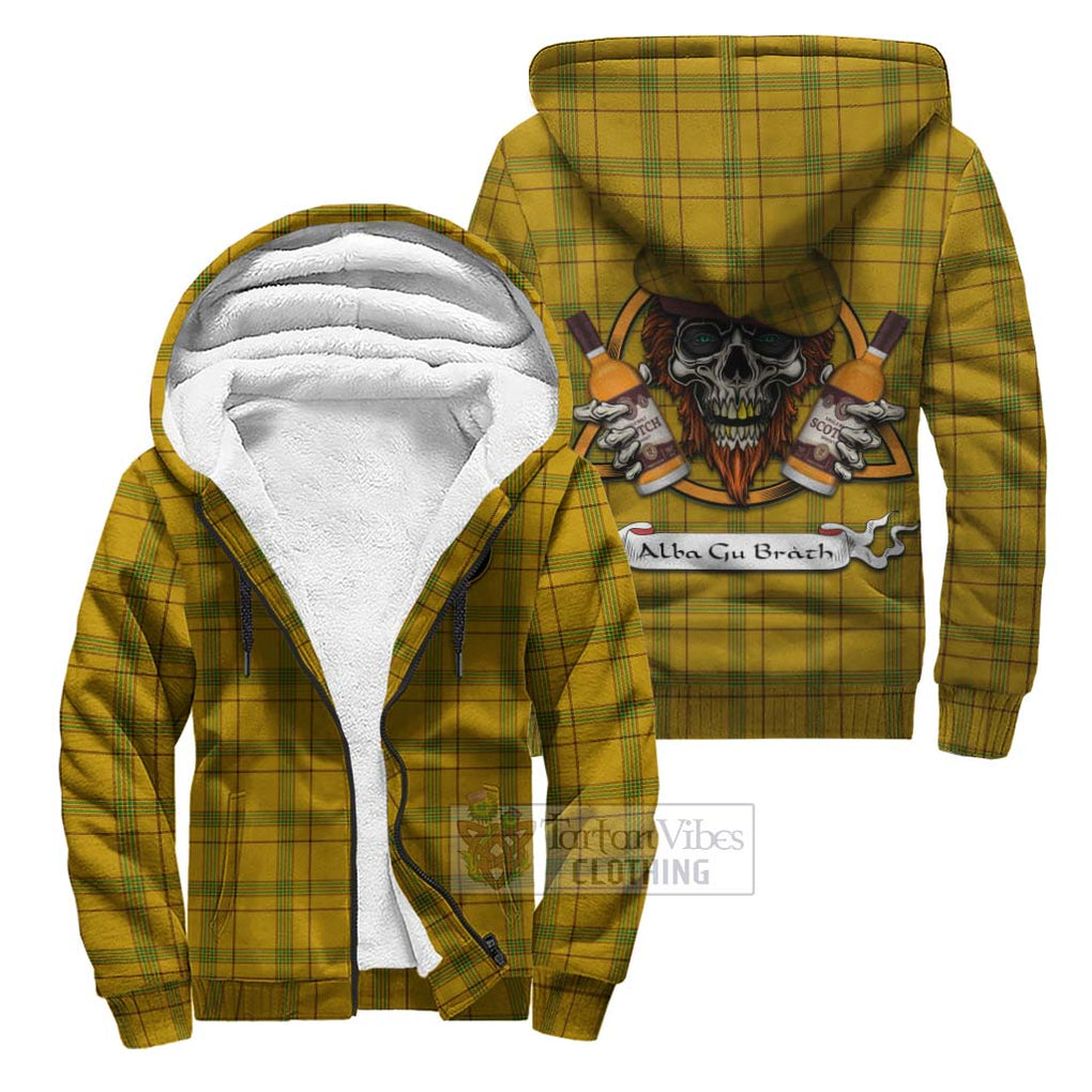 Tartan Vibes Clothing Houston Tartan Sherpa Hoodie with Family Crest and Bearded Skull Holding Bottles of Whiskey