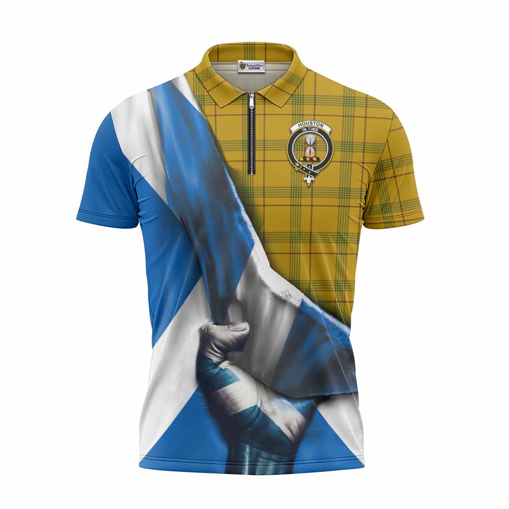 Tartan Vibes Clothing Houston Tartan Zipper Polo Shirt with Family Crest Scotland Patriotic Style