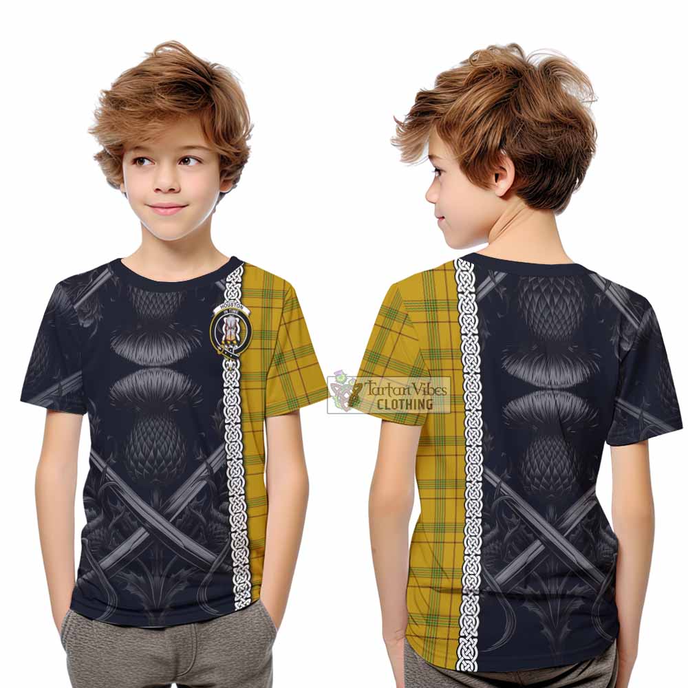 Tartan Vibes Clothing Houston Tartan Kid T-Shirt with Family Crest Cross Sword Thistle Celtic Vibes