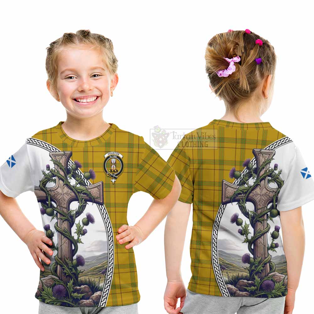 Tartan Vibes Clothing Houston Tartan Kid T-Shirt with Family Crest and St. Andrew's Cross Accented by Thistle Vines