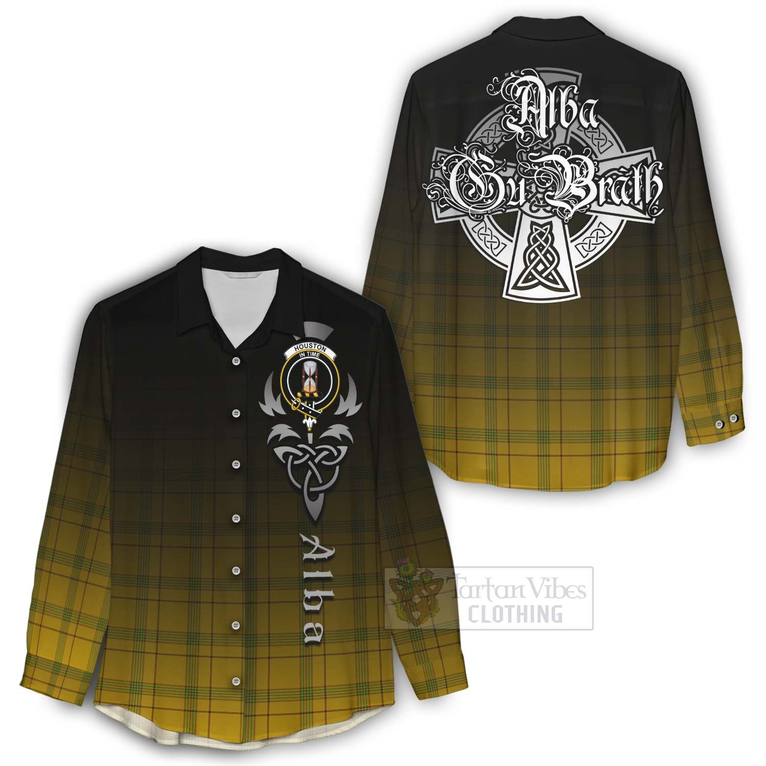 Tartan Vibes Clothing Houston Tartan Women's Casual Shirt Featuring Alba Gu Brath Family Crest Celtic Inspired