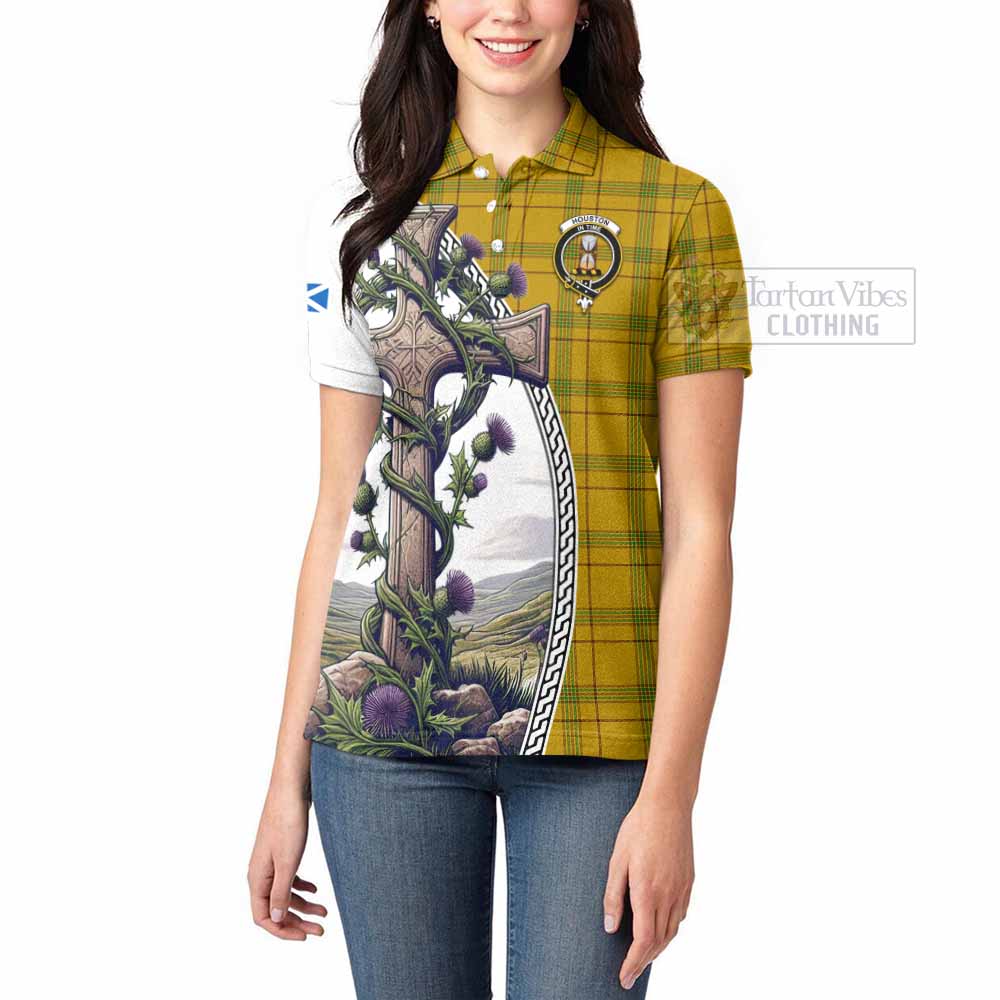 Tartan Vibes Clothing Houston Tartan Women's Polo Shirt with Family Crest and St. Andrew's Cross Accented by Thistle Vines