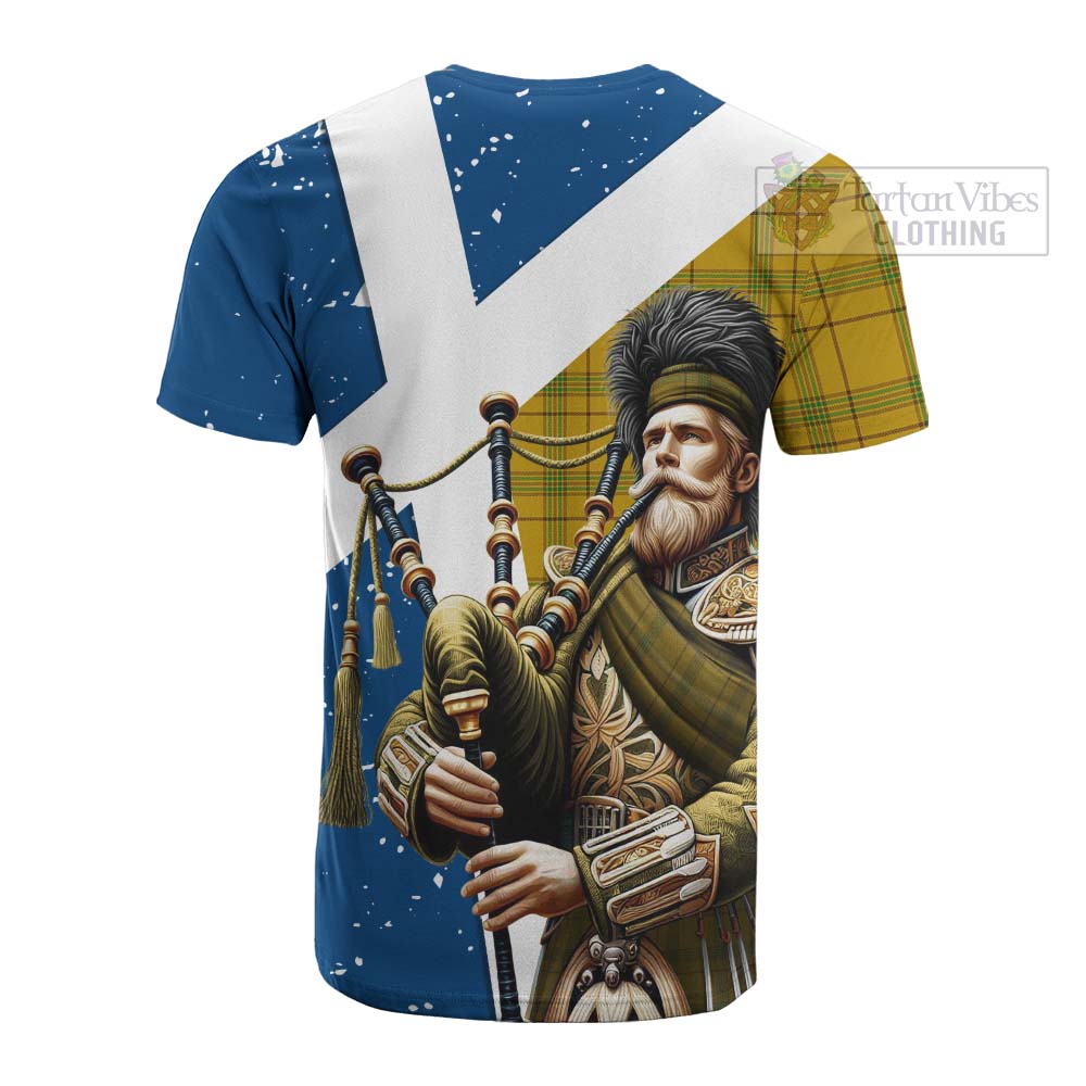 Tartan Vibes Clothing Houston Tartan Cotton T-shirt with Family Crest Scottish Bagpiper Vibes