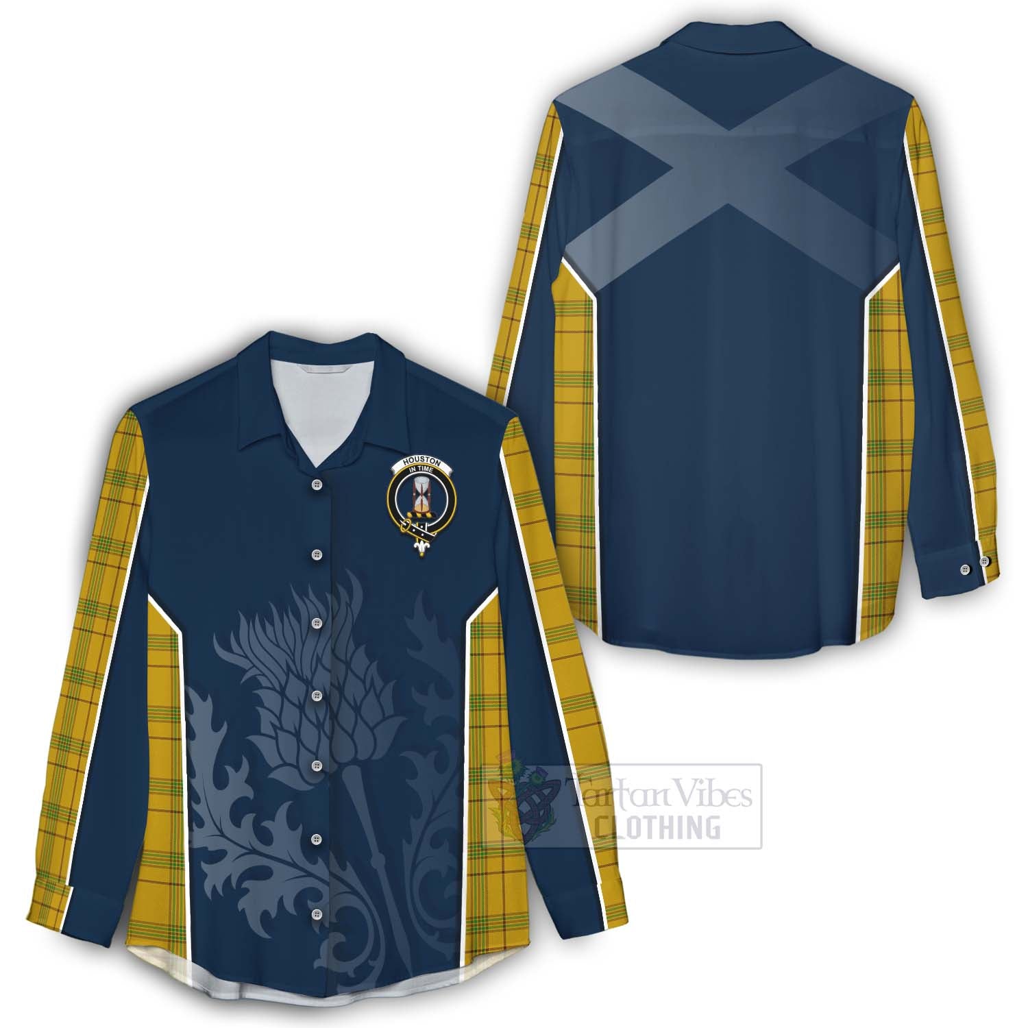 Tartan Vibes Clothing Houston Tartan Women's Casual Shirt with Family Crest and Scottish Thistle Vibes Sport Style