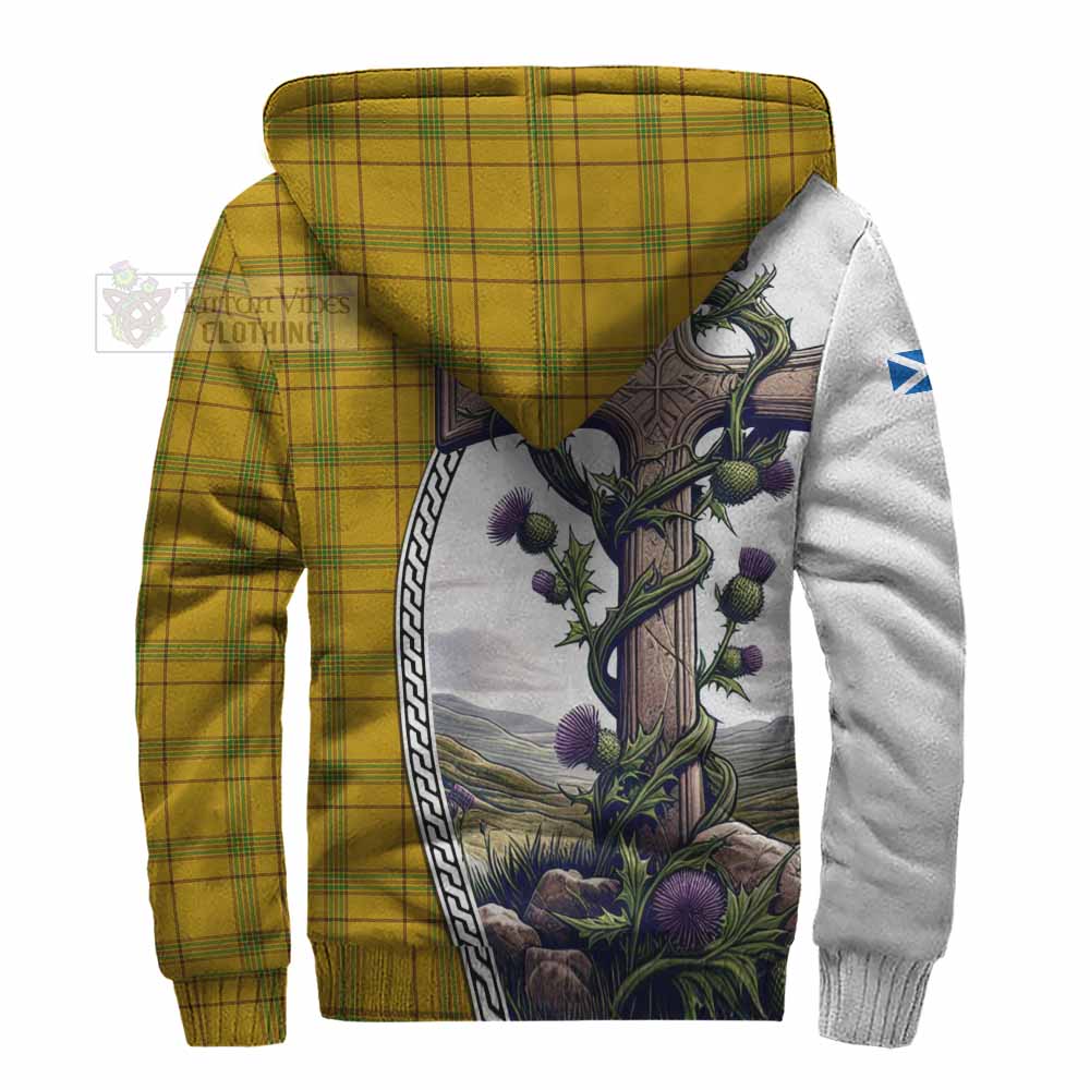 Tartan Vibes Clothing Houston Tartan Sherpa Hoodie with Family Crest and St. Andrew's Cross Accented by Thistle Vines